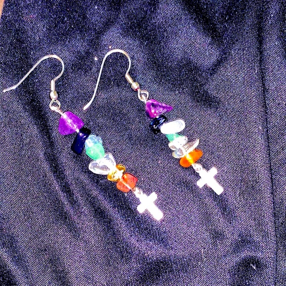 SO_Pretty Chakras Natural Crystal Earrings+Cross Charm Dangle Earrings - Picture 7 of 15